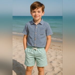 Eddie Bauer Navy Stripe Shirt with Mint Green Drawstring Shorts